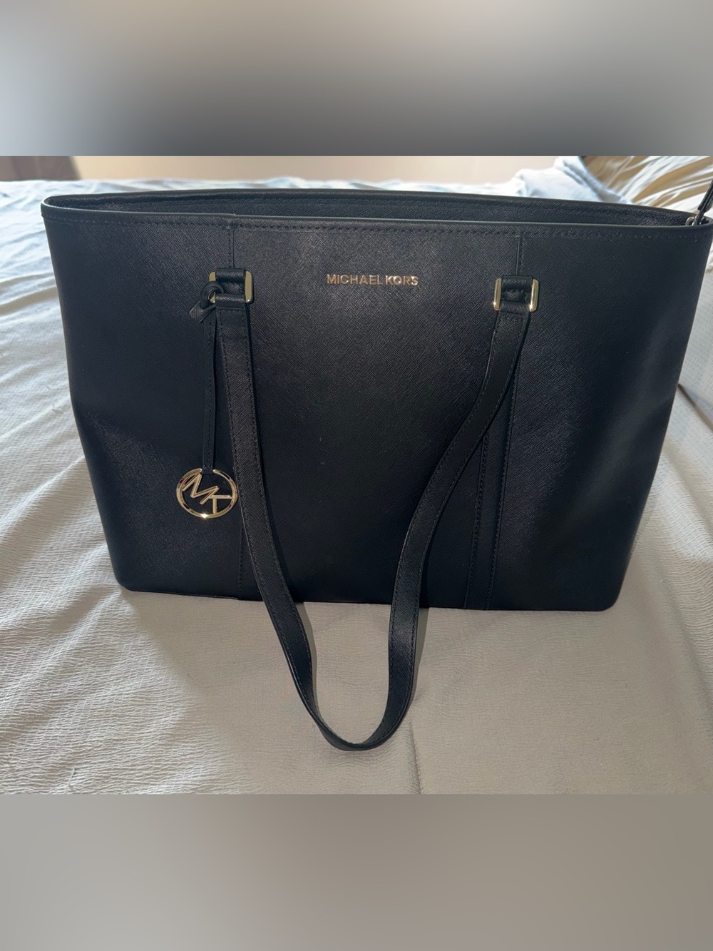 Michael Kors Black Leather Tote with Gold Hardware and MK Charm